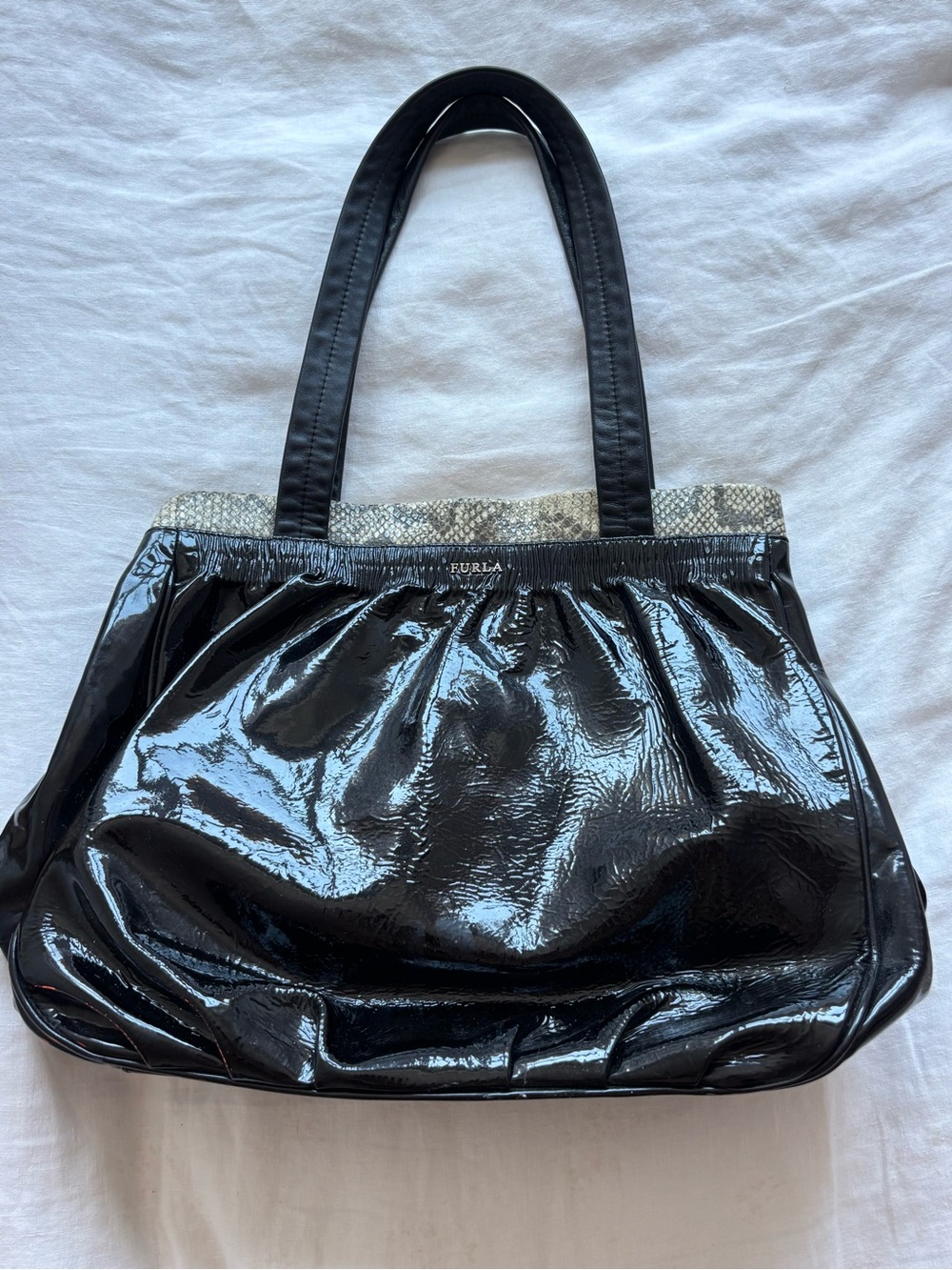 Vintage Furla Black Pure with Snake Print Trim